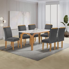 Conjunto Mesa Melina 170cmx90cm com 6 Cadeiras Luisa Tampo Smart Plus com Vidro Cinamomo/Off White/Cinza