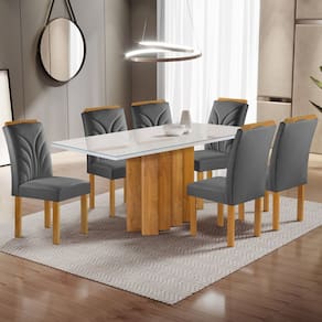 Conjunto Mesa Lorena 160cmx80cm com 6 Cadeiras Carolina Tampo Dakota Plus com Vidro Off White Cinamomo/Off White/Cinza