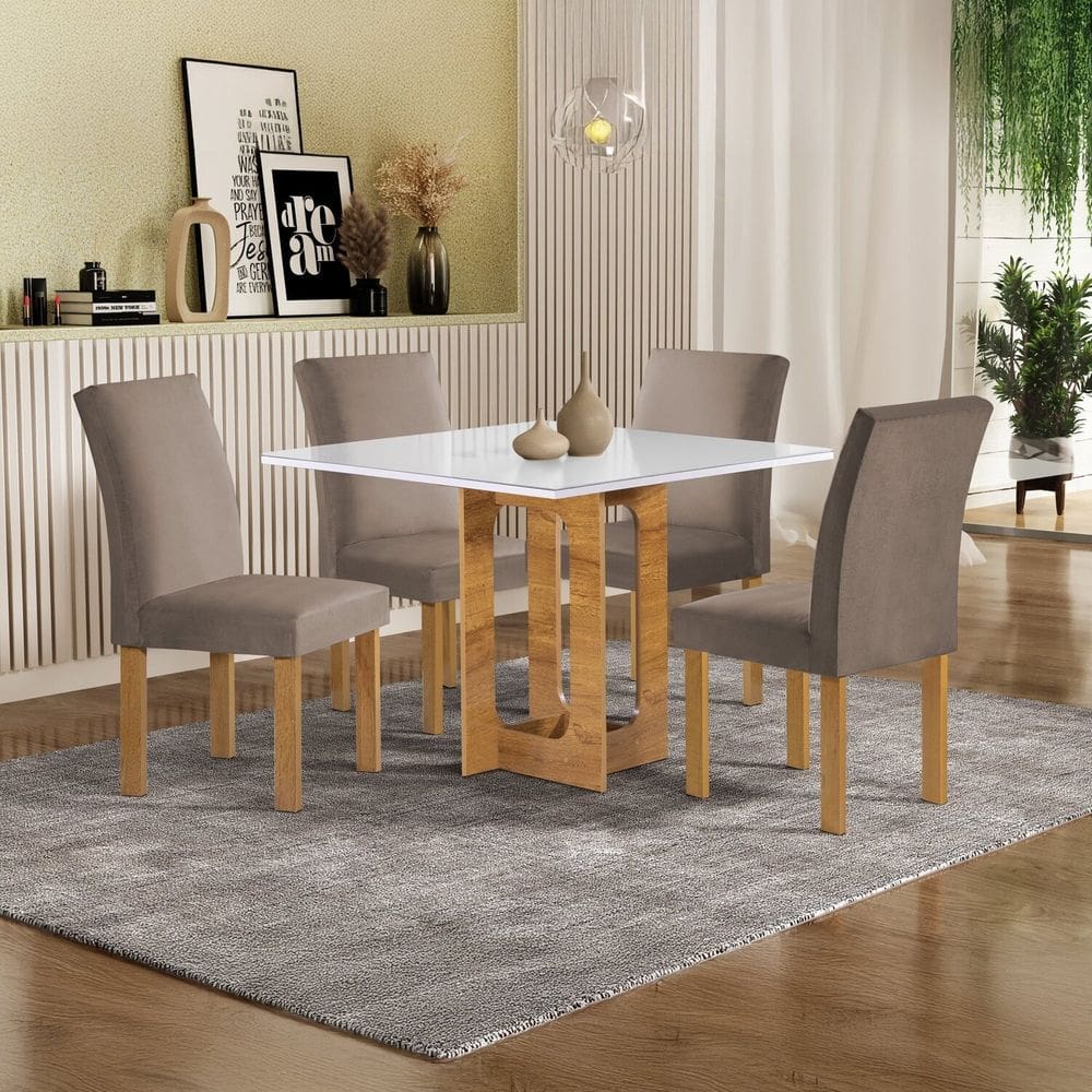 Conjunto Mesa Carolina 90cm X 90cm com 4 Cadeiras Espanha Tampo Dakota Plus com Vidro Cinamomo/Off White/Bege Escuro