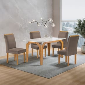 Conjunto Mesa Melina 120cmx90cm com 4 Cadeiras Luisa Tampo Smart Plus com Vidro Cinamomo/Off White/Bege Escuro