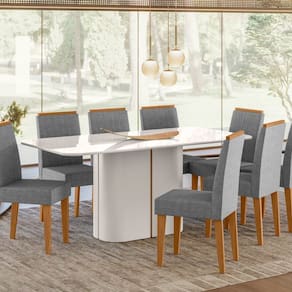 Conjunto Sala de Jantar Mesa Serena 180m com 8 Cadeiras Cecilia Off White/Ypê/Cinza