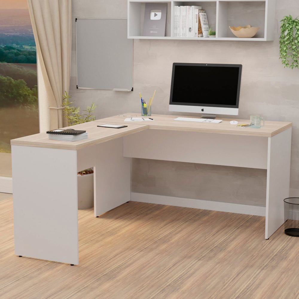 Mesa de Canto em L para Escritório 140x150cm Tampo 3cm Carvalho / Branco