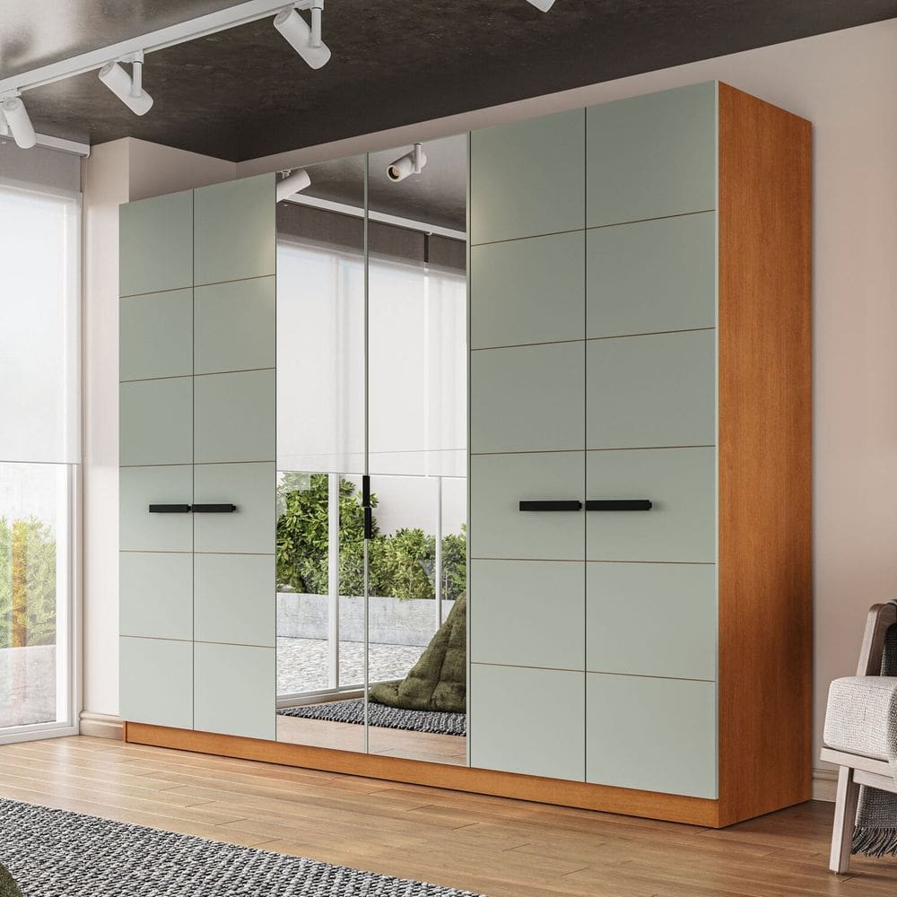 Guarda Roupa 6 Portas 4 Gavetas com Espelho Lisboa Freijó/Verde