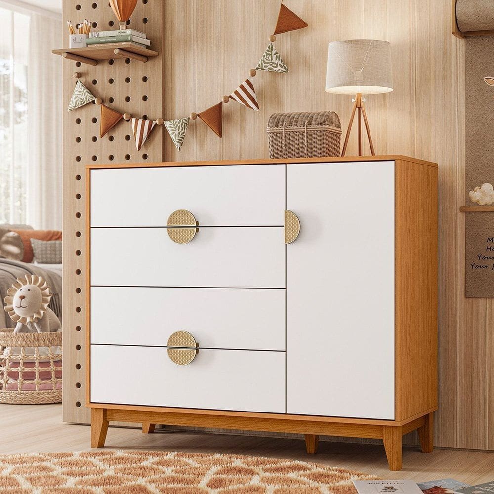 Cômoda Sapateira 04 Gavetas e 01 Porta Kid Cinamomo/Branco