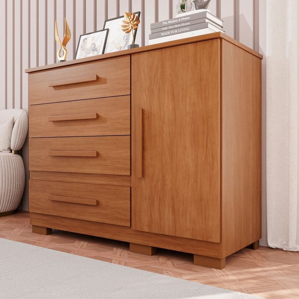 Cômoda para Quarto 1 Portas 4 Gavetas Pérola Expresso Móveis Cinamomo