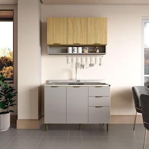 Cozinha Modulada 1 Balcão para Pia 1 Armário Aéreo 6 Portas 2 Gavetas Ibiza Louro Freijó/Cinza