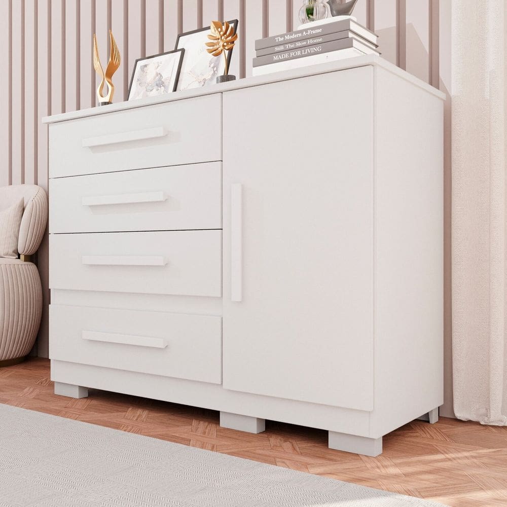 Cômoda para Quarto 1 Portas 4 Gavetas Pérola Expresso Móveis Branco