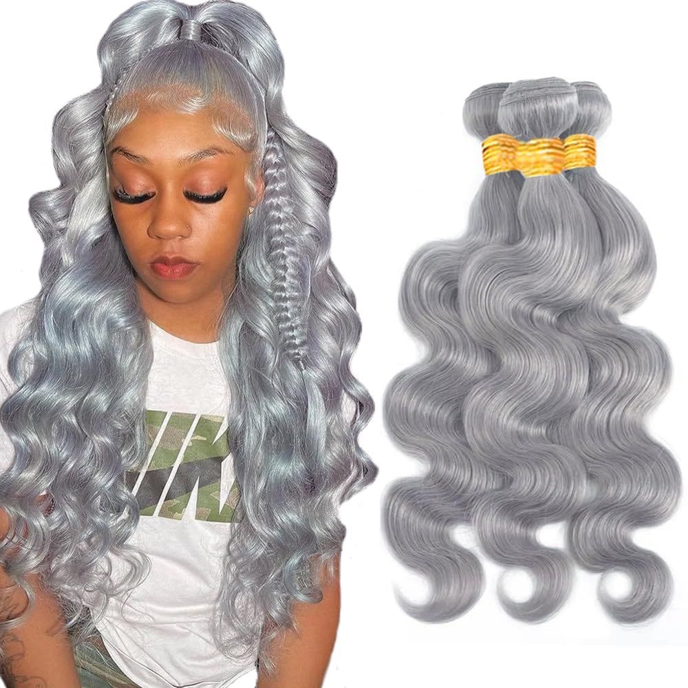 Extensões de cabelo WuvusNM Grey Body Wave 3 Bundles 45-50cm