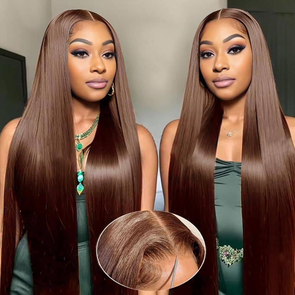 Peruca FTQZKEY Wear and Go, sem cola, cabelo castanho liso de 30 polegadas