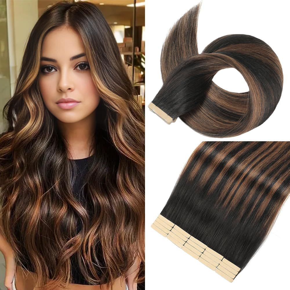 Fita adesiva em extensões de cabelo YNSNR Natural Black/Chestnut 20&quot;