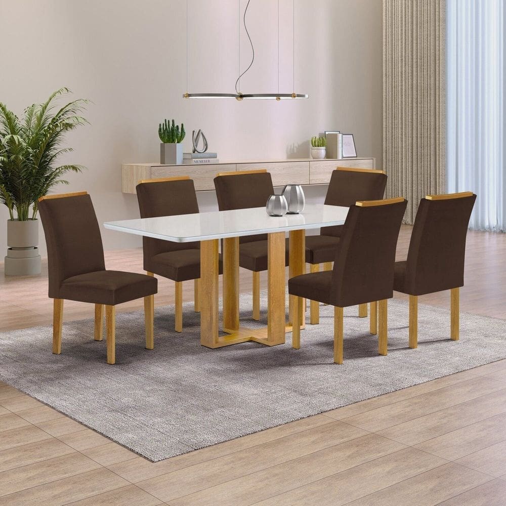 Conjunto Mesa Isadora 170cmx90cm com 6 Cadeiras Luisa Tampo Smart Plus com Vidro Cinamomo/Off White/Marrom