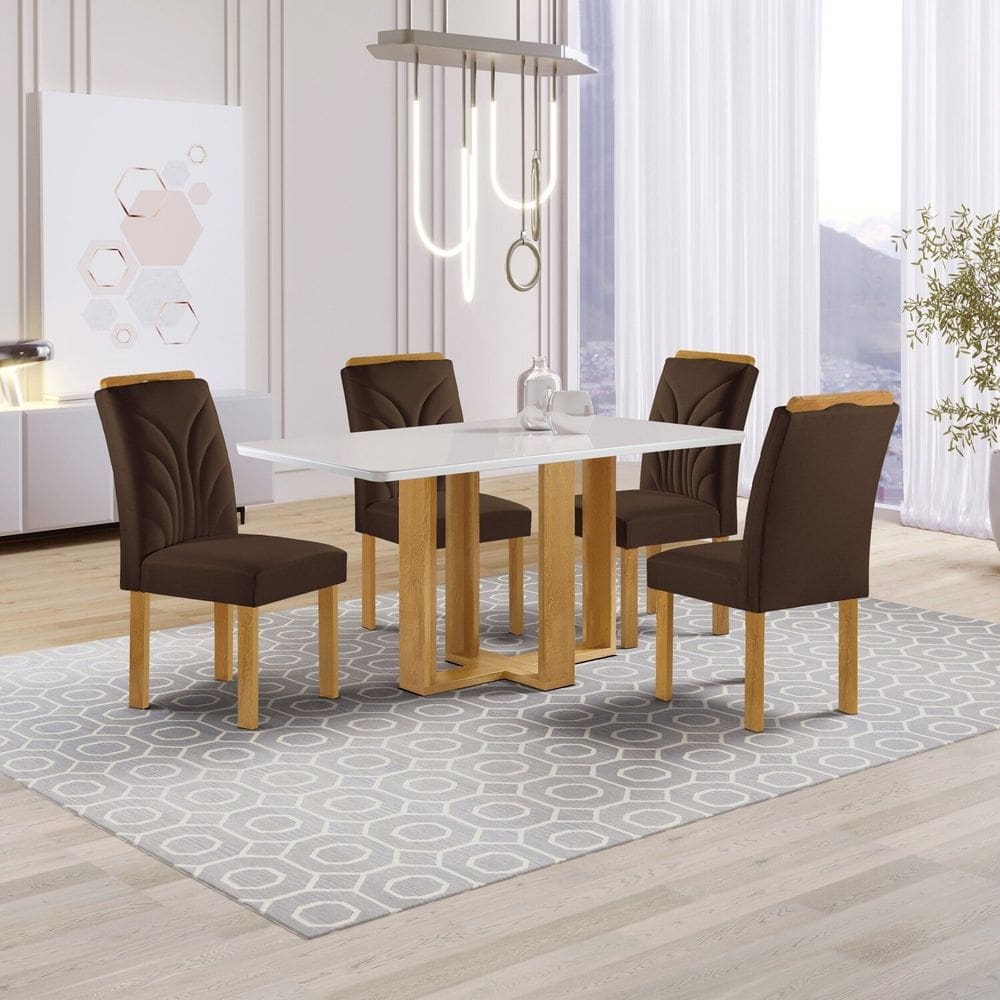 Conjunto Mesa Isadora 120cmx90cm com 4 Cadeiras Carolina Tampo Smart Plus com Vidro Cinamomo/Off White/Marrom