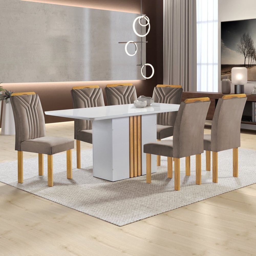 Conjunto Mesa Celeste 170cmx90cm com 6 Cadeiras Celeste Tampo Smart Plus com Vidro Off White/Cinamomo/Bege Escuro