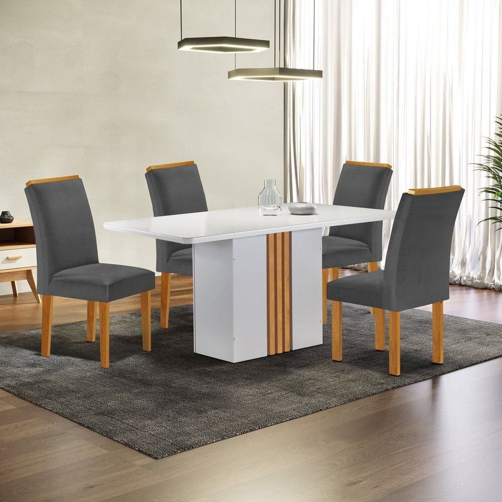 Conjunto Mesa Celeste 120cmx90cm com 4 Cadeiras Luisa Tampo Smart Plus com Vidro Off White/Cinamomo/Cinza