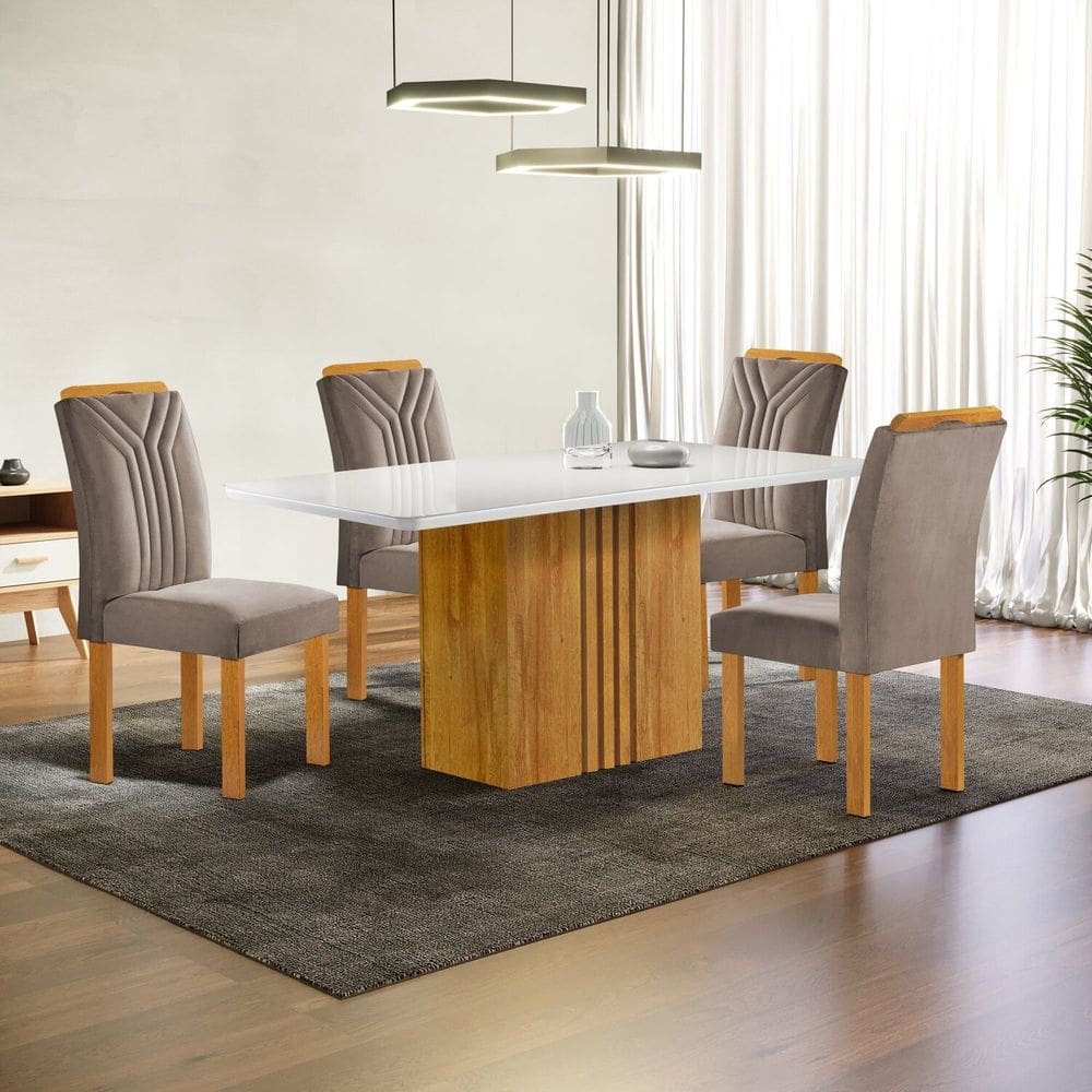 Conjunto Mesa Celeste 120cm X 90cm com 4 Cadeiras Celeste Tampo Smart Plus com Vidro Cinamomo/Off White/Bege Escuro