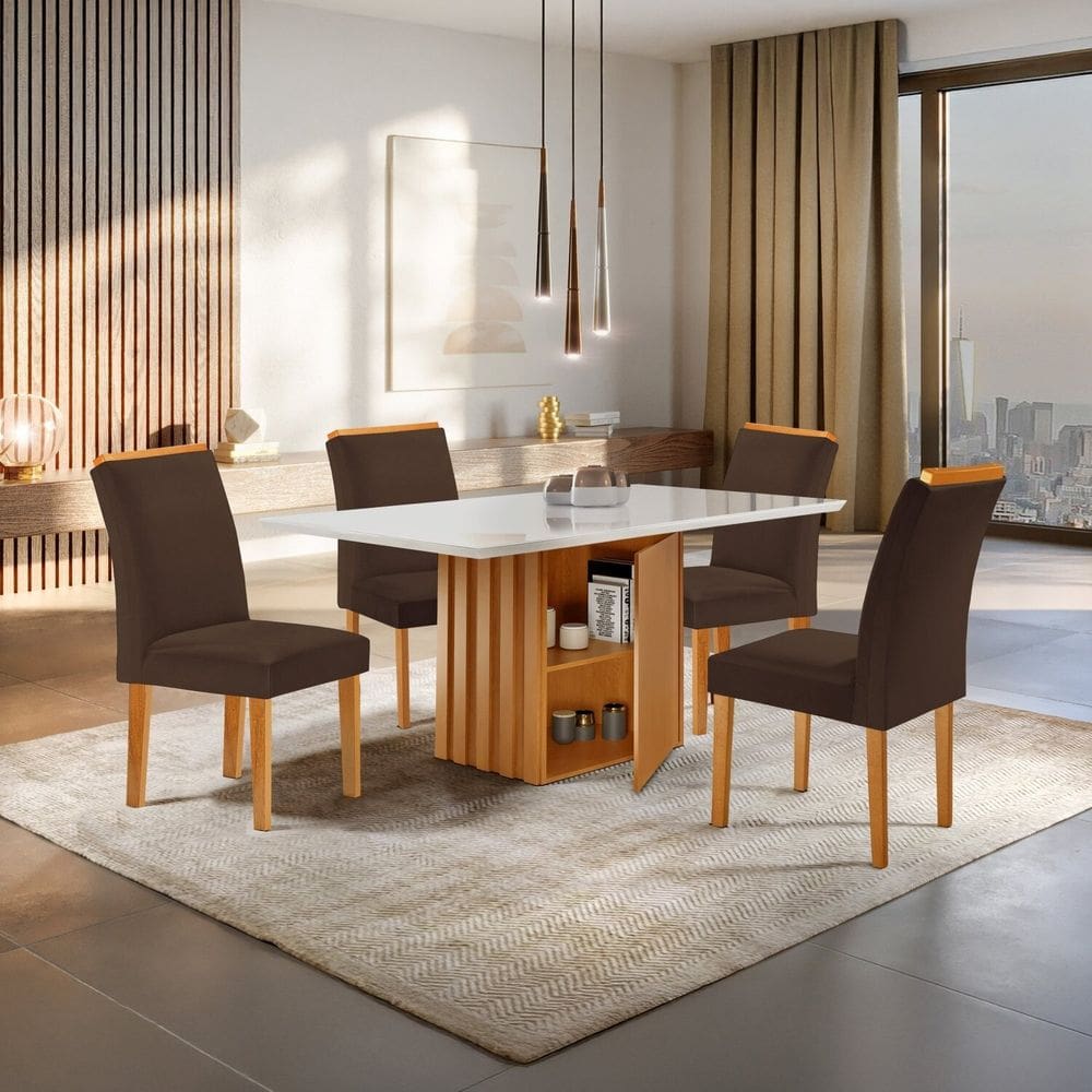 Conjunto Mesa Elis 120cmx90cm com 4 Cadeiras Luisa Tampo Slim Plus com Vidro Cinamomo/Off White/Marrom