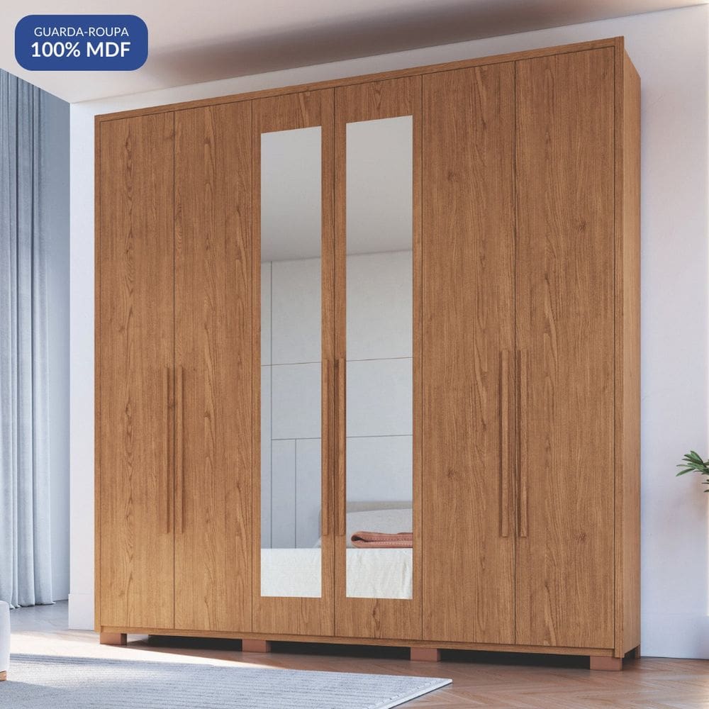 Guarda-roupa 6 Portas 3 Gavetas com Espelho Safira Cedro