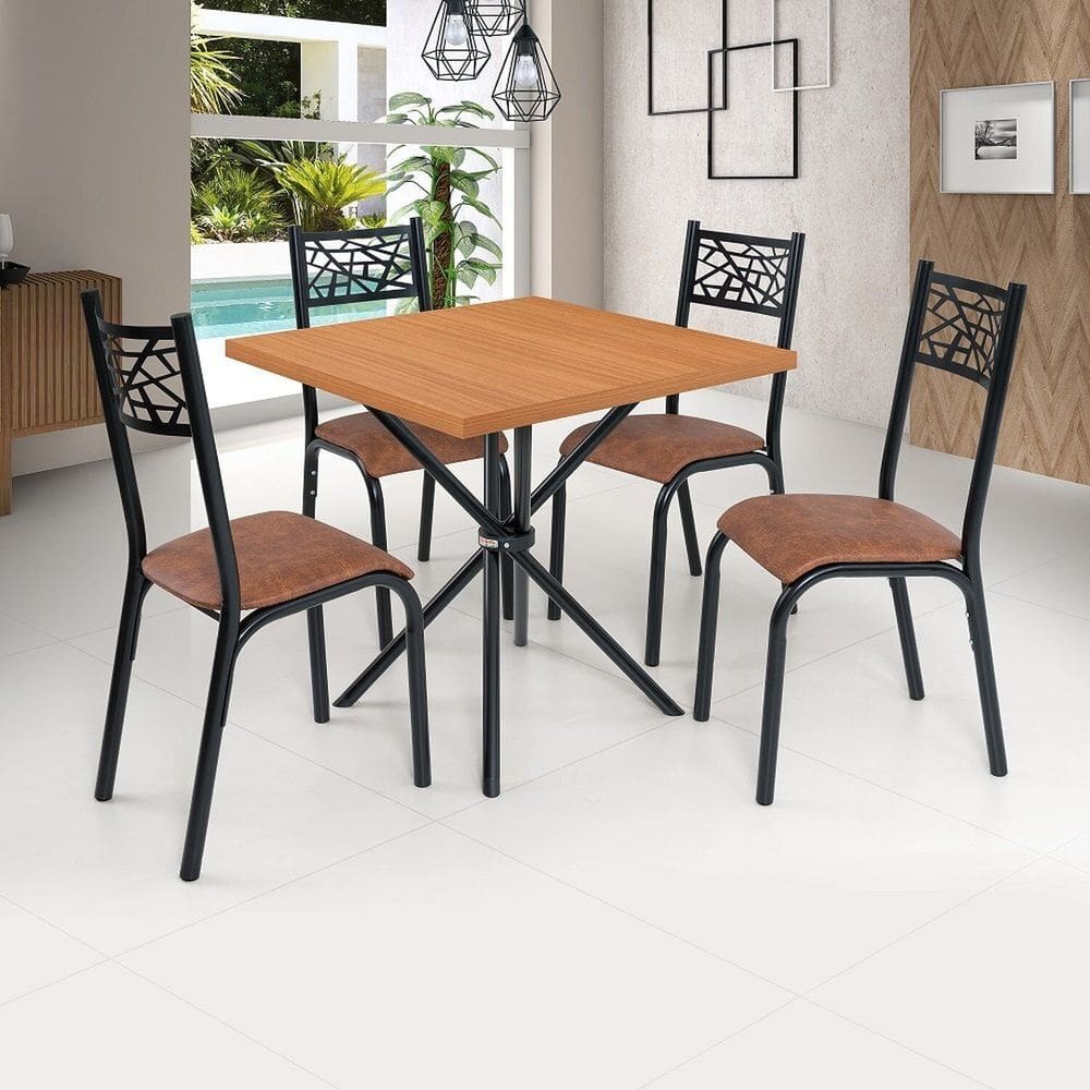 Conjunto de Mesa Jade Tampo Laminado com 4 Cadeiras Preto/Caramelo/Freijó
