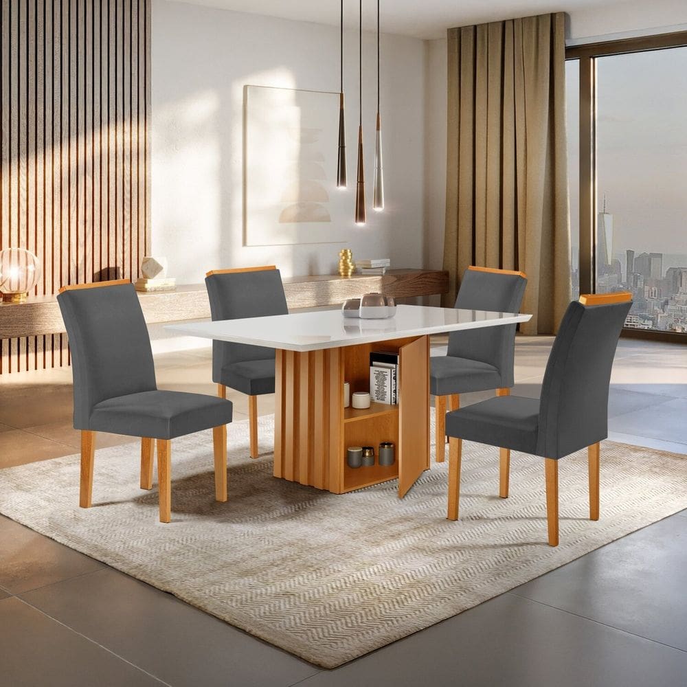 Conjunto Mesa Elis 120cm X 90cm com 4 Cadeiras Luisa Tampo Slim Plus com Vidro Cinamomo/Off White/Cinza