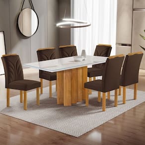 Conjunto Mesa Lorena 160cmx80cm com 6 Cadeiras Carolina Tampo Dakota Plus com Vidro Off White Cinamomo/Off White/Marrom