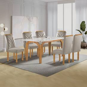 Conjunto Mesa Melina 170cm X 90cm com 6 Cadeiras Carolina Tampo Smart Plus com Vidro Cinamomo/Off White/Bege Claro
