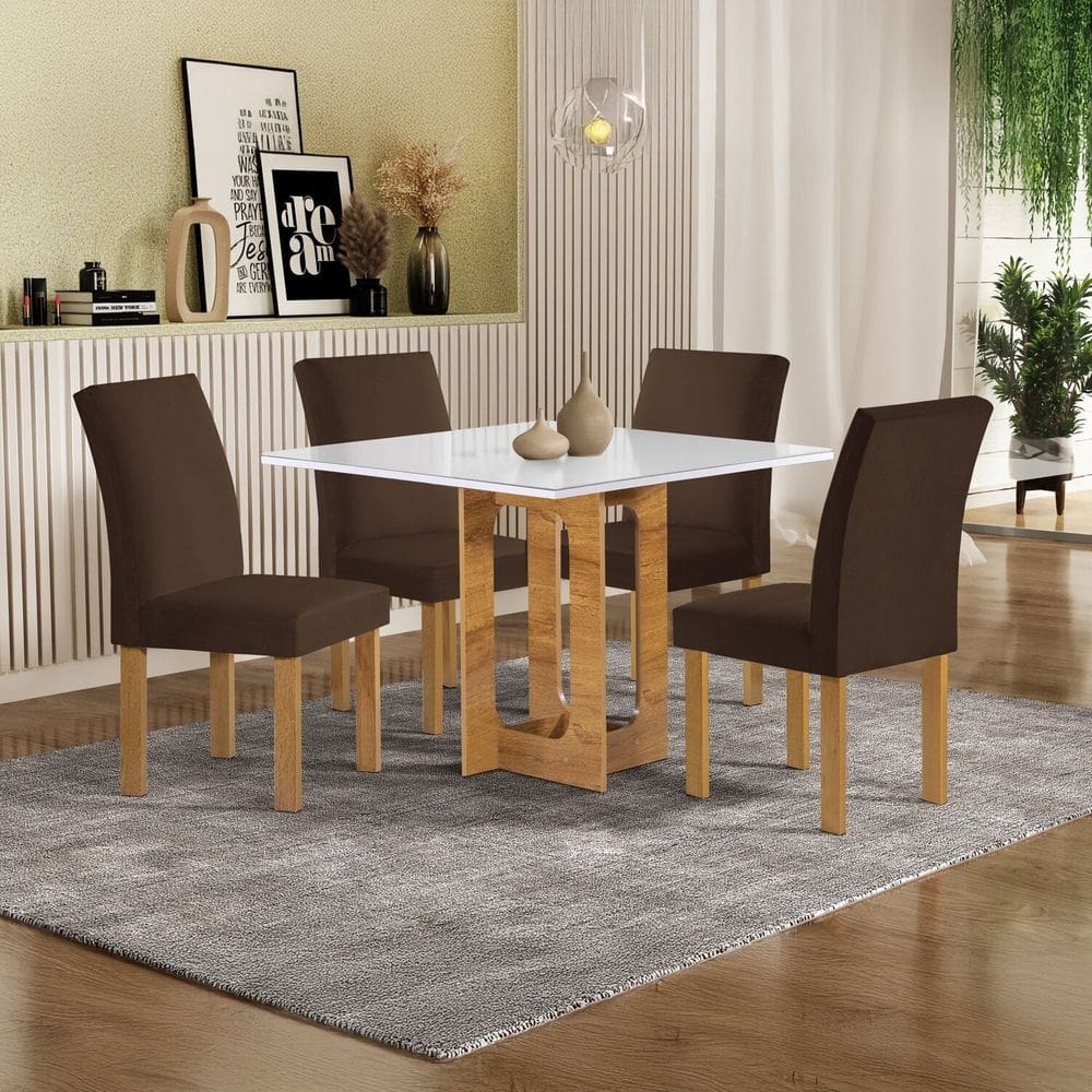 Conjunto Mesa Carolina 90cmx90cm com 4 Cadeiras Espanha Tampo Dakota Plus com Vidro Cinamomo/Off White/Marrom