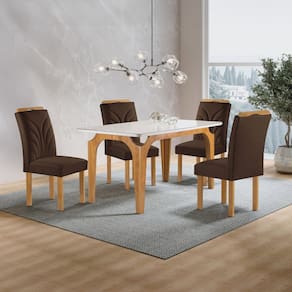 Conjunto Mesa Melina 120cmx90cm com 4 Cadeiras Carolina Tampo Smart Plus com Vidro Cinamomo/Off White/Marrom