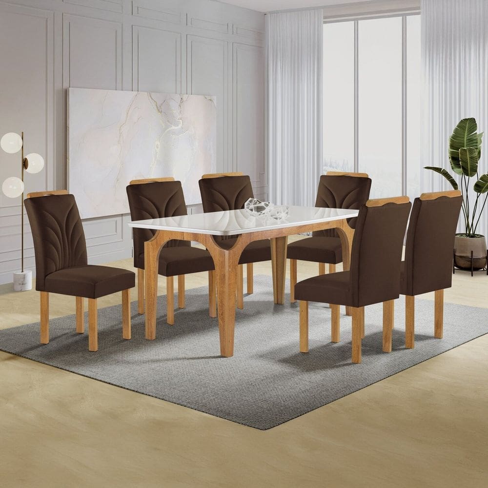 Conjunto Mesa Melina 170cmx90cm com 6 Cadeiras Carolina Tampo Smart Plus com Vidro Cinamomo/Off White/Marrom
