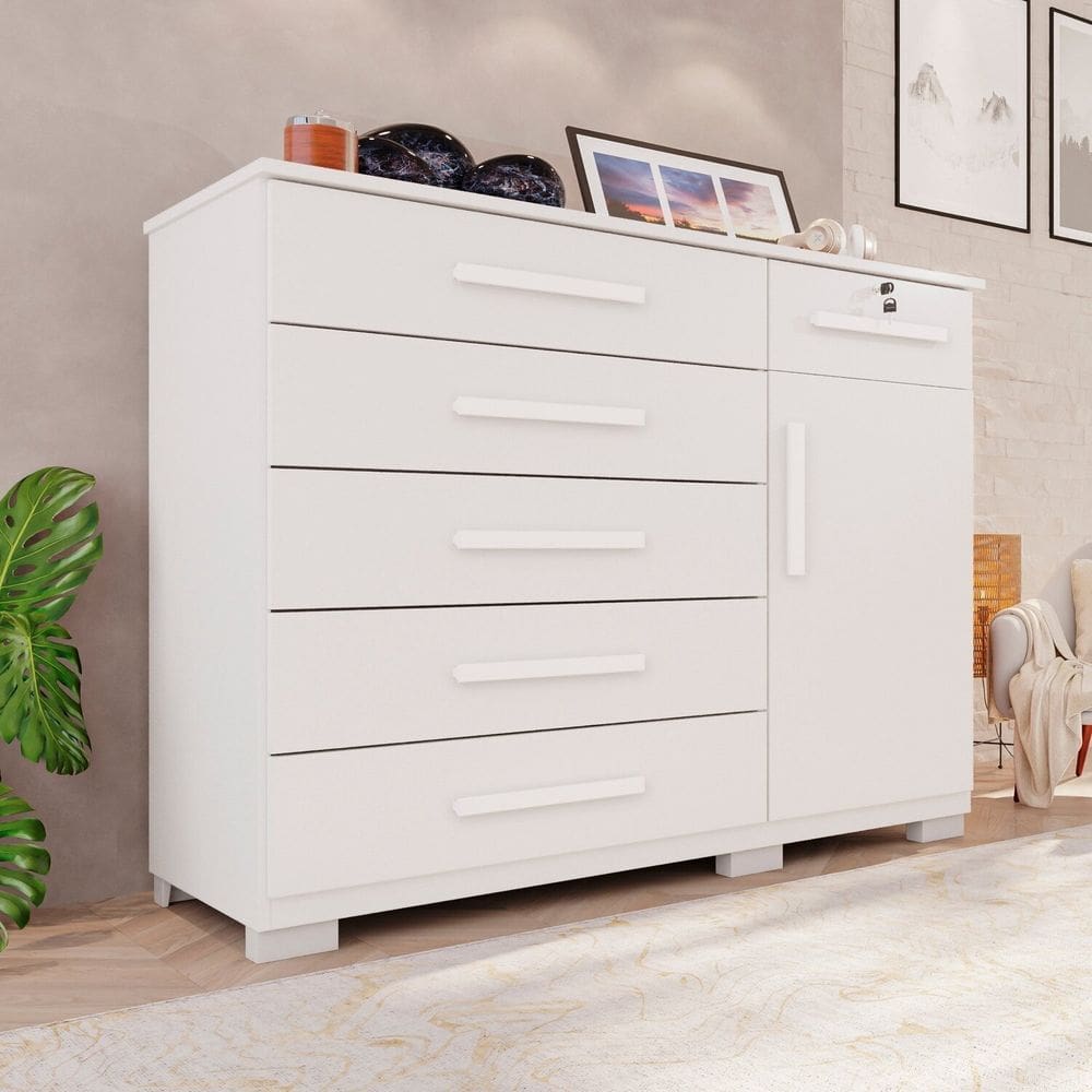 Cômoda para Quarto 1 Portas 6 Gavetas Jade Expresso Móveis Branco