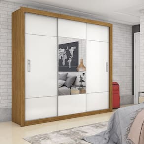 Guarda Roupa Casal com Espelho 3 Portas de Correr Lotse Cinamomo/Branco