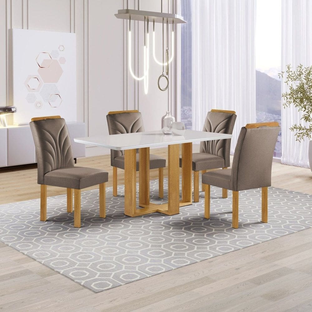Conjunto Mesa Isadora 120cmx90cm com 4 Cadeiras Carolina Tampo Smart Plus com Vidro Cinamomo/Off White/Bege Escuro
