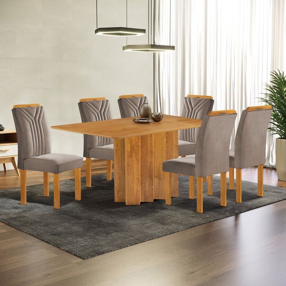 Conjunto Mesa Lorena 160cmx80cm com 6 Cadeiras Celeste Tampo Londres Cinamomo sem Vidro Cinamomo/Off White/Bege Escuro