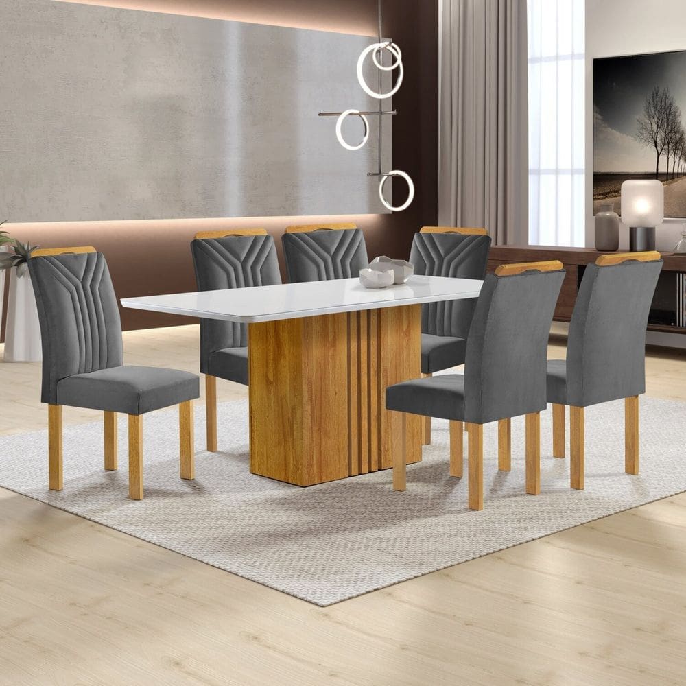 Conjunto Mesa Celeste 170cm X 90cm com 6 Cadeiras Celeste Tampo Smart Plus com Vidro Cinamomo/Off White/Cinza