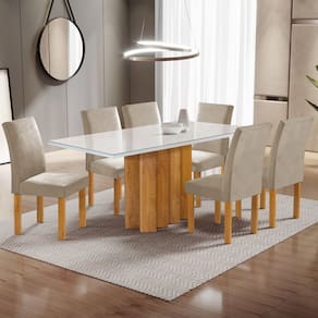 Conjunto Mesa Lorena 160cm X 80cm com 6 Cadeiras Espanha Tampo Dakota Plus com Vidro Cinamomo/Off White/Bege Claro