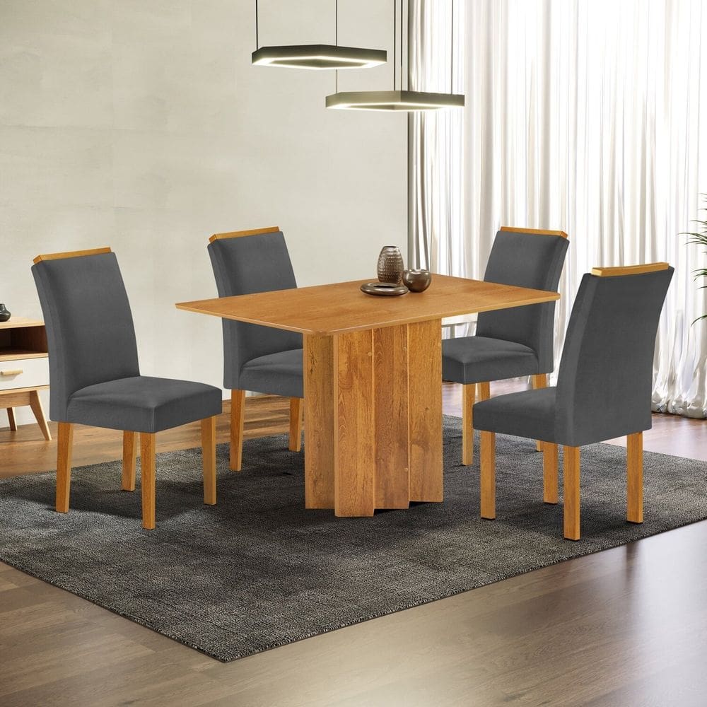 Conjunto Mesa Lorena 120cmx80cm com 4 Cadeiras Luisa Tampo Londres Cinamomo sem Vidro Cinamomo/Off White/Cinza