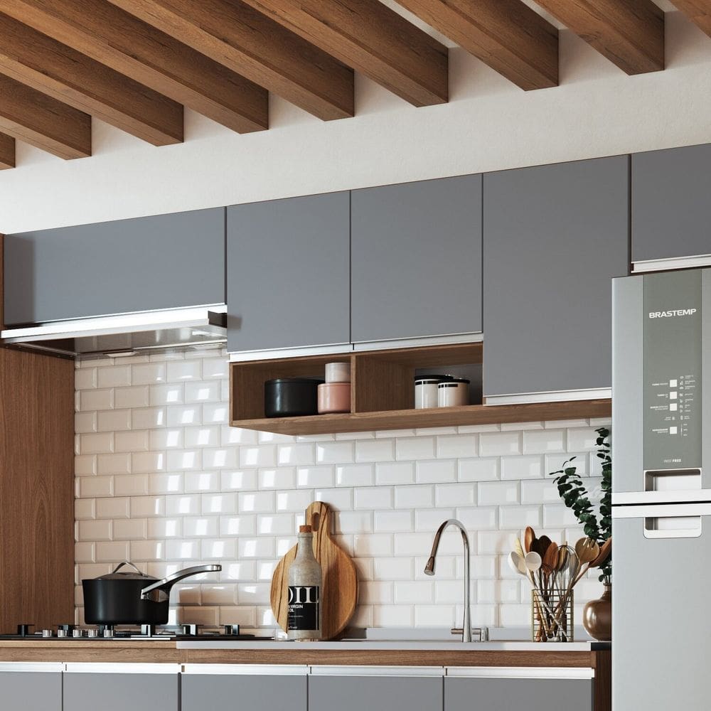 Armário Aéreo para Cozinha 3 Portas 2 Nichos Athena Feijo/Cinza
