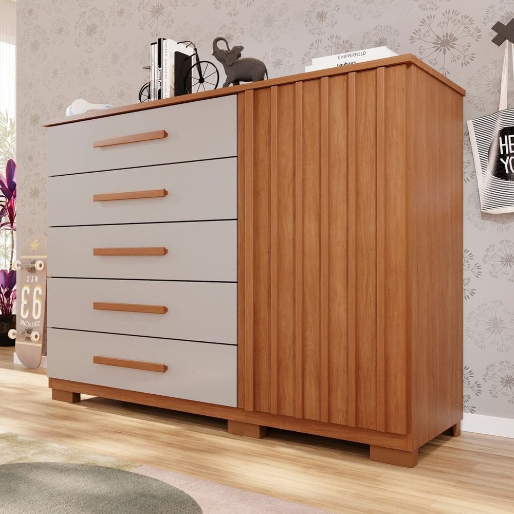 Cômoda para Quarto 1 Portas 5 Gavetas Jaspe Expresso Móveis Cinamomo / Off White