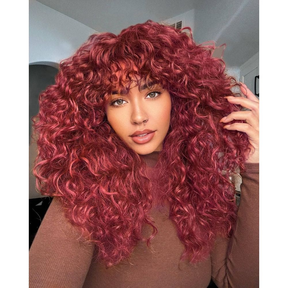 Peruca Muswanna Wine Red Curly com franja para uso diário feminino
