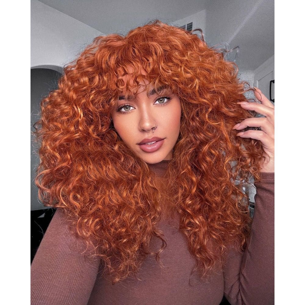 Peruca Muswanna Ginger Curly com franja para uso diário feminino