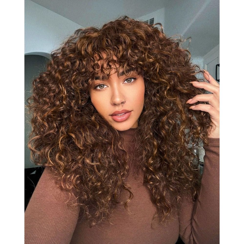 Peruca Muswanna Brown Highlight Curly com franja para mulheres