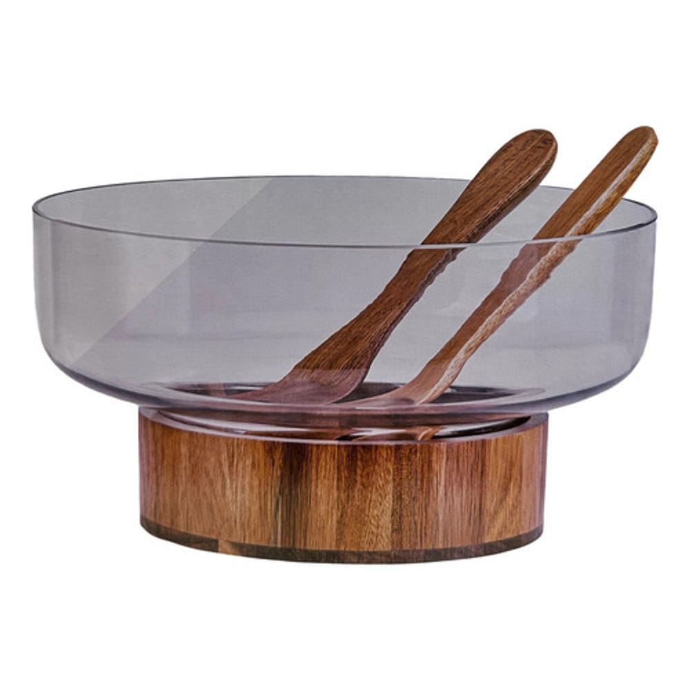 Conjunto Para Salada 4 Pecas Saladeira 30cm Vidro E Madeira