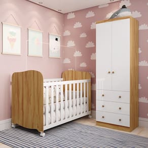 Quarto de Bebê com Guarda Roupa Smim New 2 Portas e Berço Uli MDF Móveis Peroba
