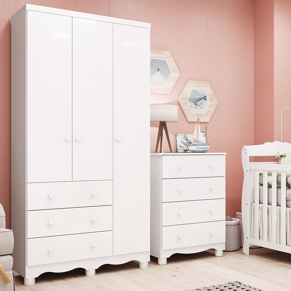 Quarto Infantil com Guarda Roupa Junior New 3 Portas 3 Gavetas e Cômoda 4 Gavetas Junior New MDF Móveis Peroba