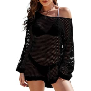 Swimsuit Cover Up Buauty Crochet de manga curta preta para mulheres