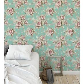 Papel De Parede Floral Fundo Azul Turquesa + Kit Aplicação