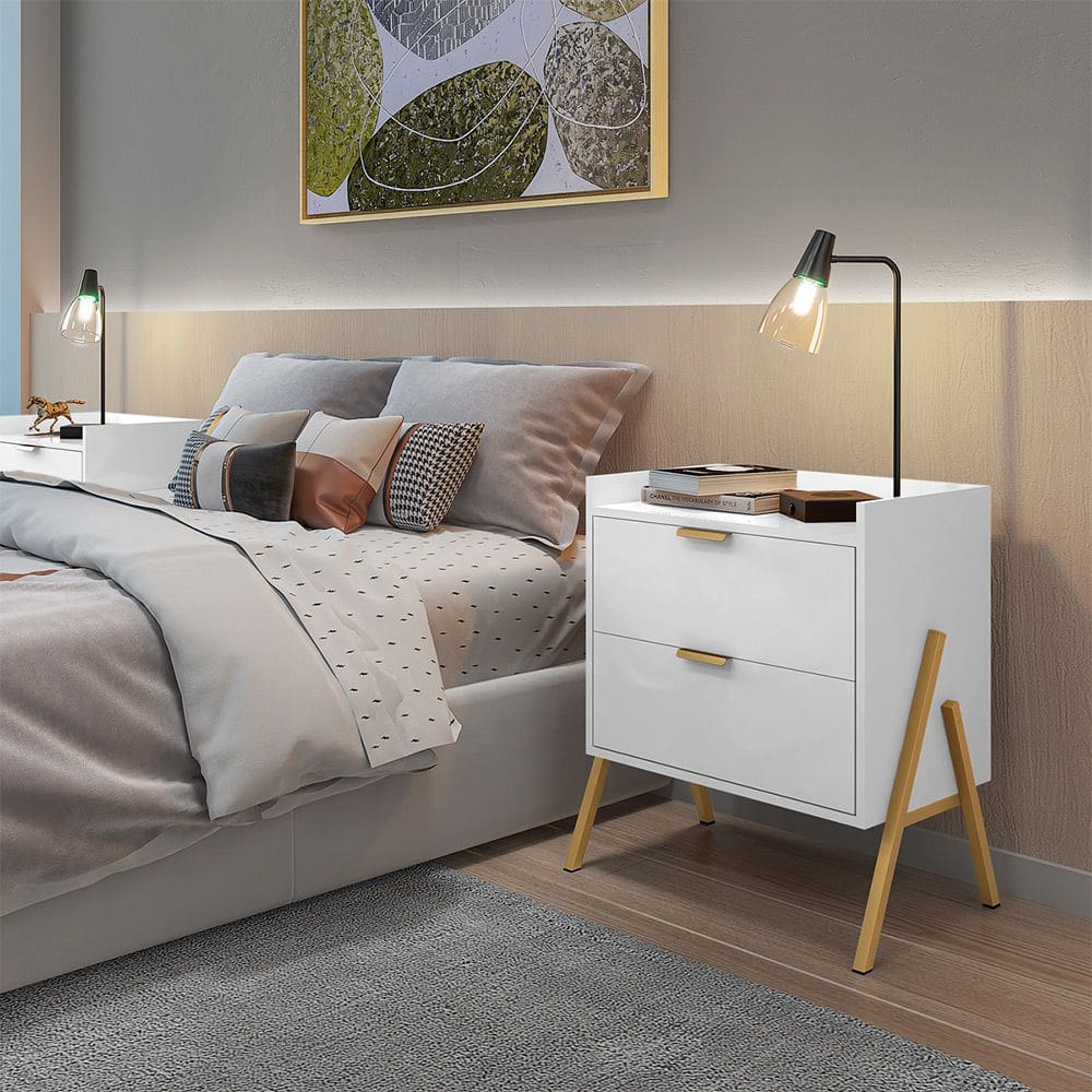 Mesa de Cabeceira Retrô com 2 Gavetas Asher 45cm - Branco