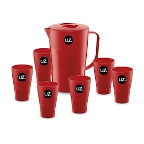 Jogo De Jarra 2 Lts Com 6 Copos Para Suco Agua Uz Vermelho