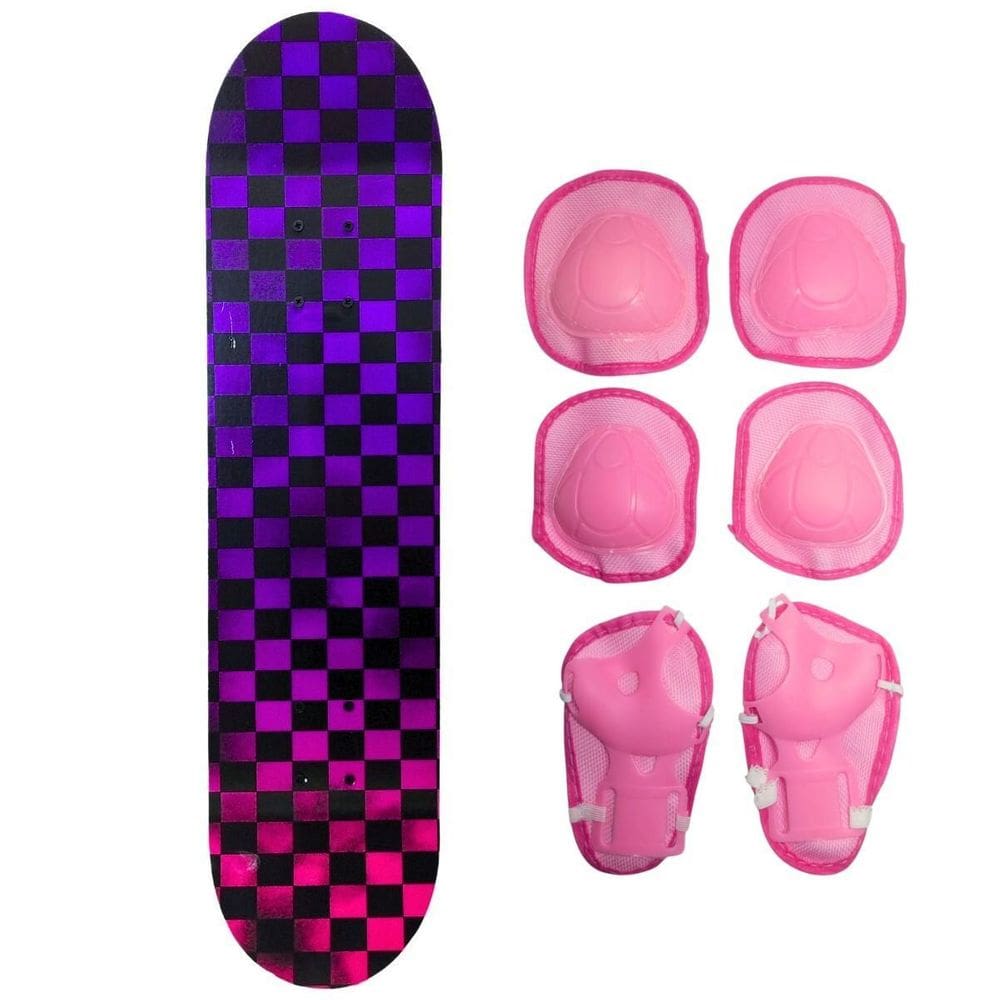 Skate Infantil Radical Xadrez + Acessórios De Proteção Rosa