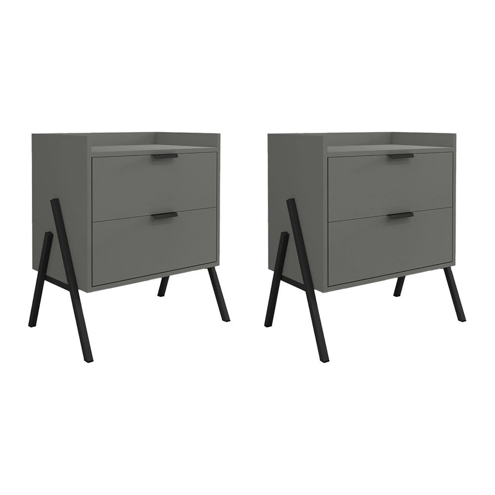 Kit 2 Mesas de Cabeceiras Retrô com 2 Gavetas Asher 63cm - Cinza