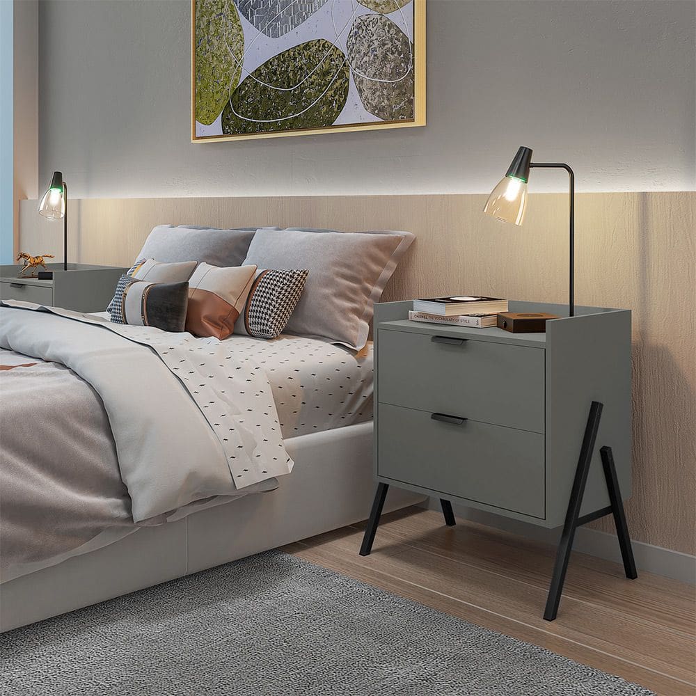 Mesa de Cabeceira Retrô com 2 Gavetas Asher 45cm - Cinza